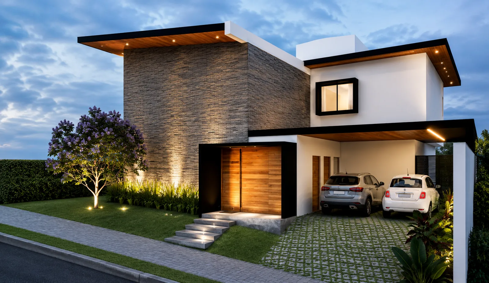 Casa em pedra e madeira ao entardecer