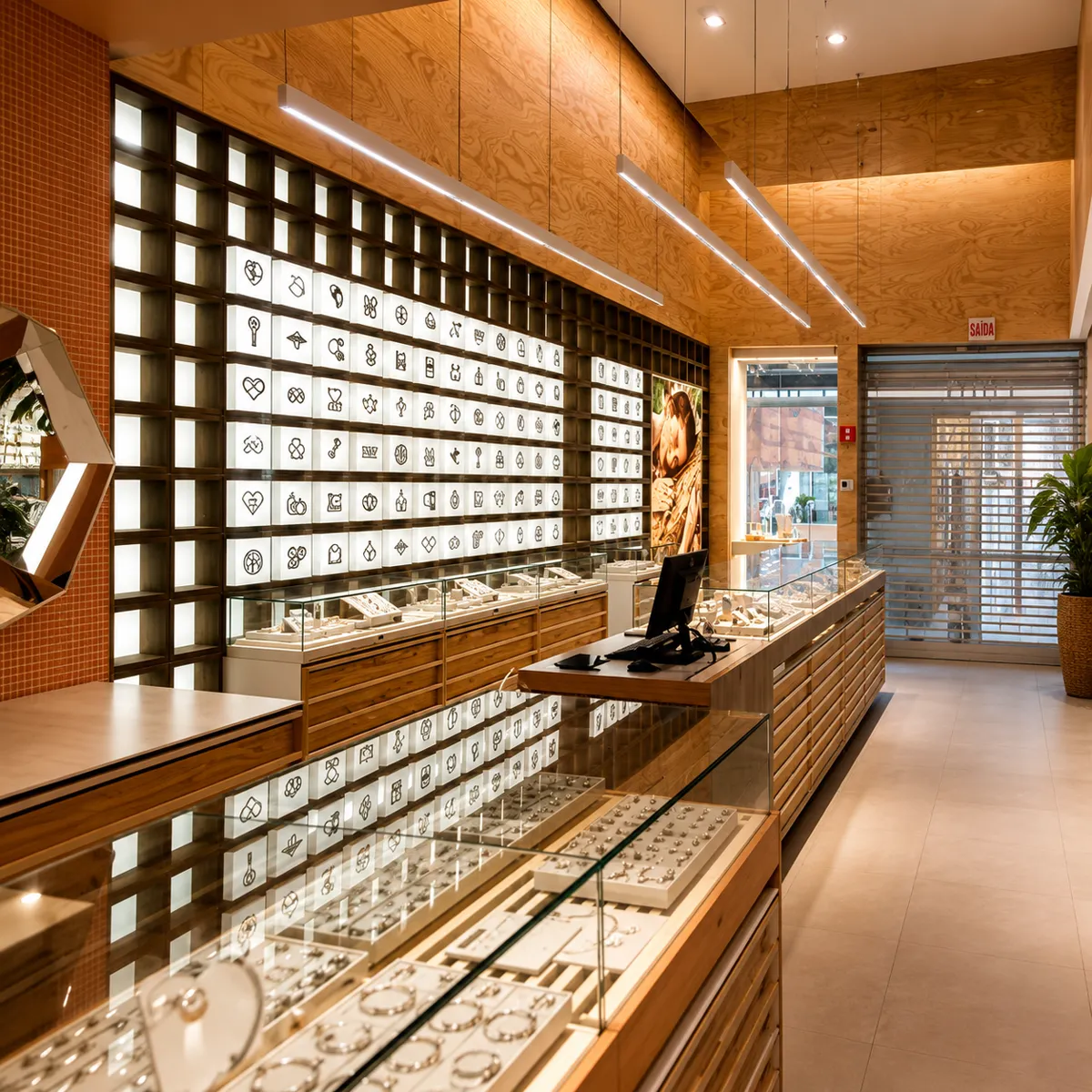 Interior comercial com marcenaria e iluminação